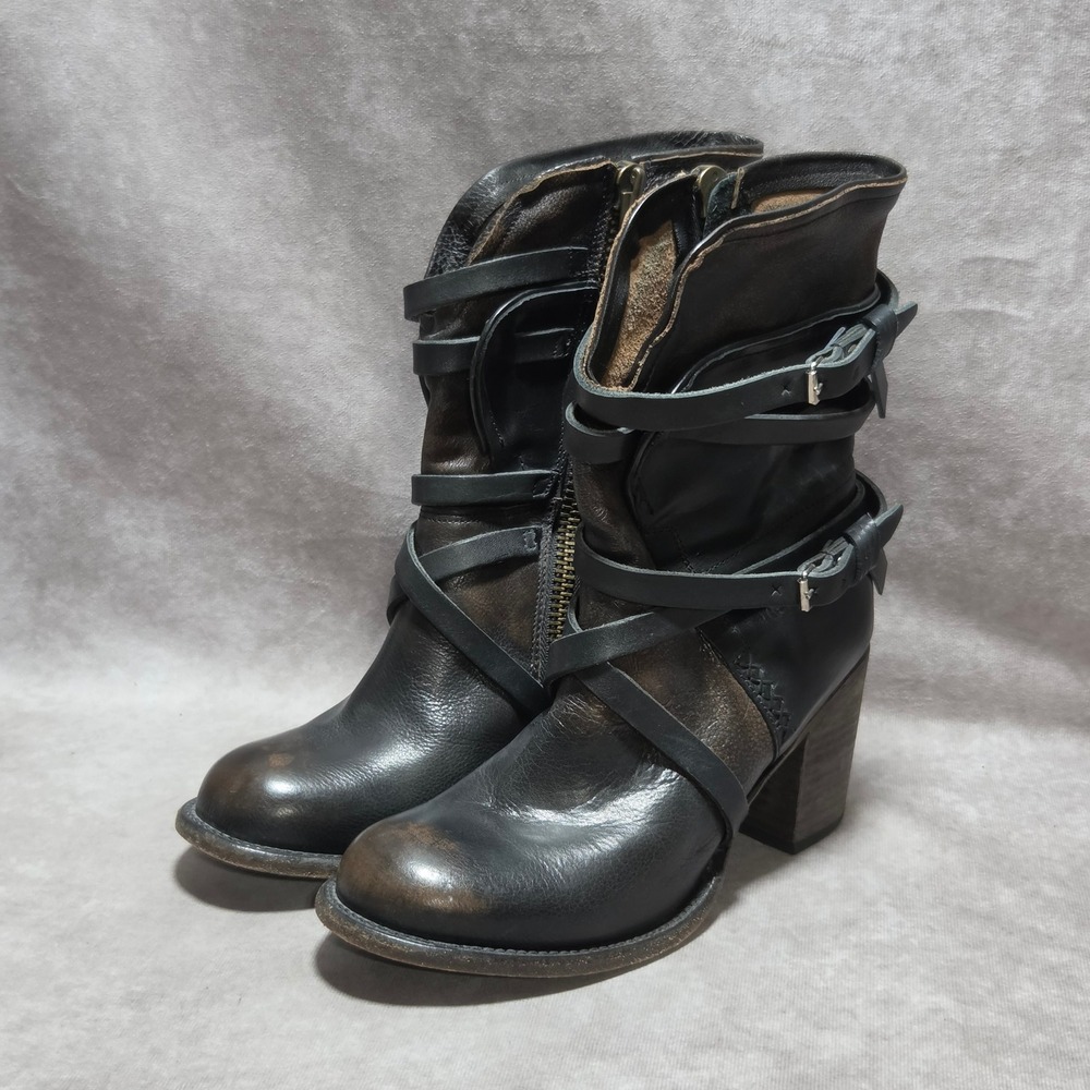 Freebird by Steven Baker Black Biker moto Leather Multi Strap Buckle Boots 9